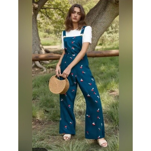 Cider Pants - CIDER Blue Corduroy Wide-Leg Jumpsuit Mushroom Embroidered Square Neck Size M
